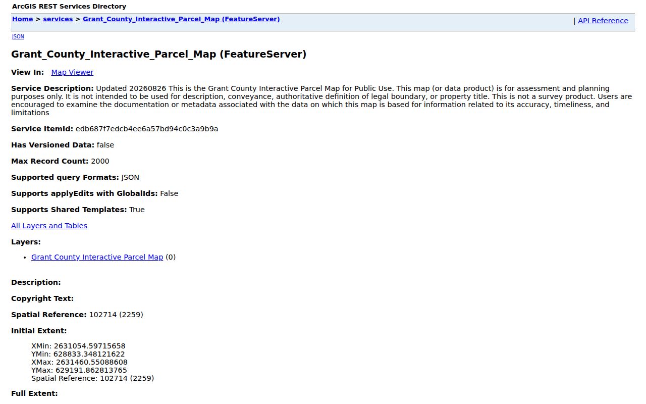 Grant County neighbor lookup GIS service metadata and parcel disclaimer