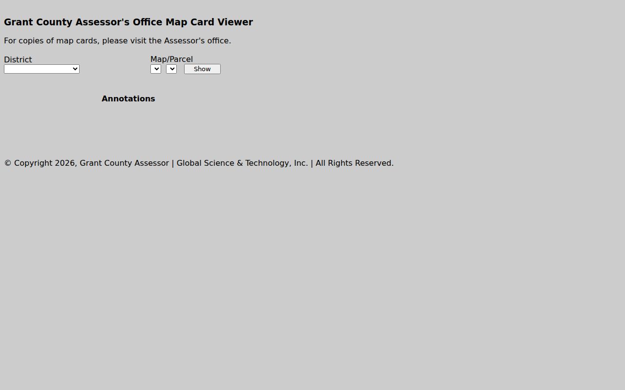 Grant County current property owner parcel-card controls for district and map