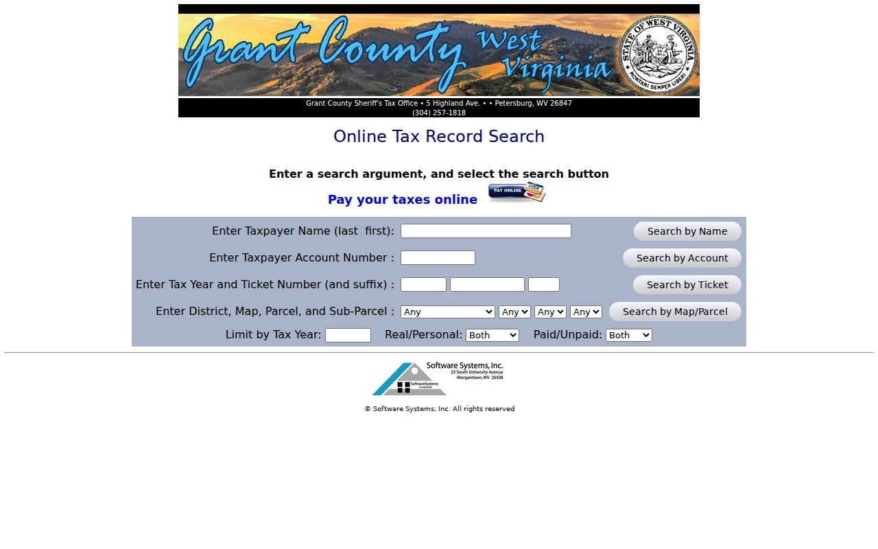 Grant County property search through the Sheriff tax ticket and map-parcel controls