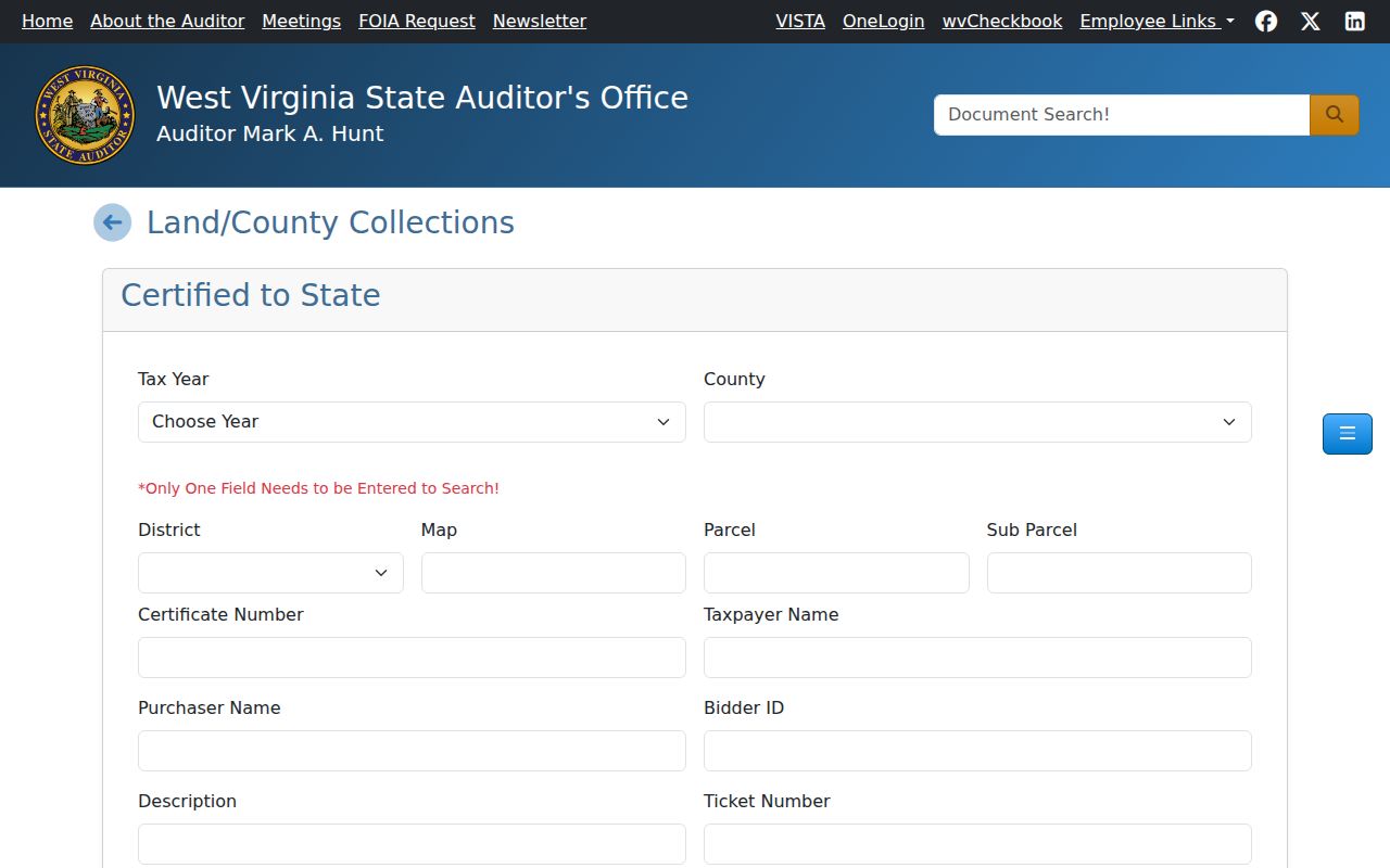 Grant County property records tax-sale route in the West Virginia State Auditor land search